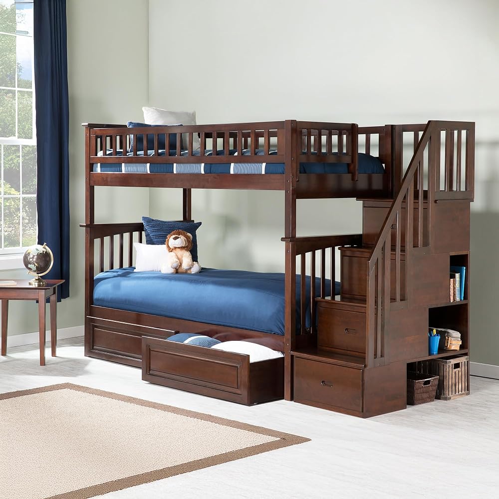 AFI, Columbia Staircase Bunk Bed Twin Over Twin & Raised Panel Bed Drawers, Walnut