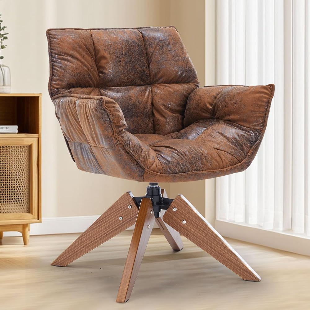 Mid Century Accent Chair No Wheel 360° Swivel PU Cozy Vanity Chair Wood Leg