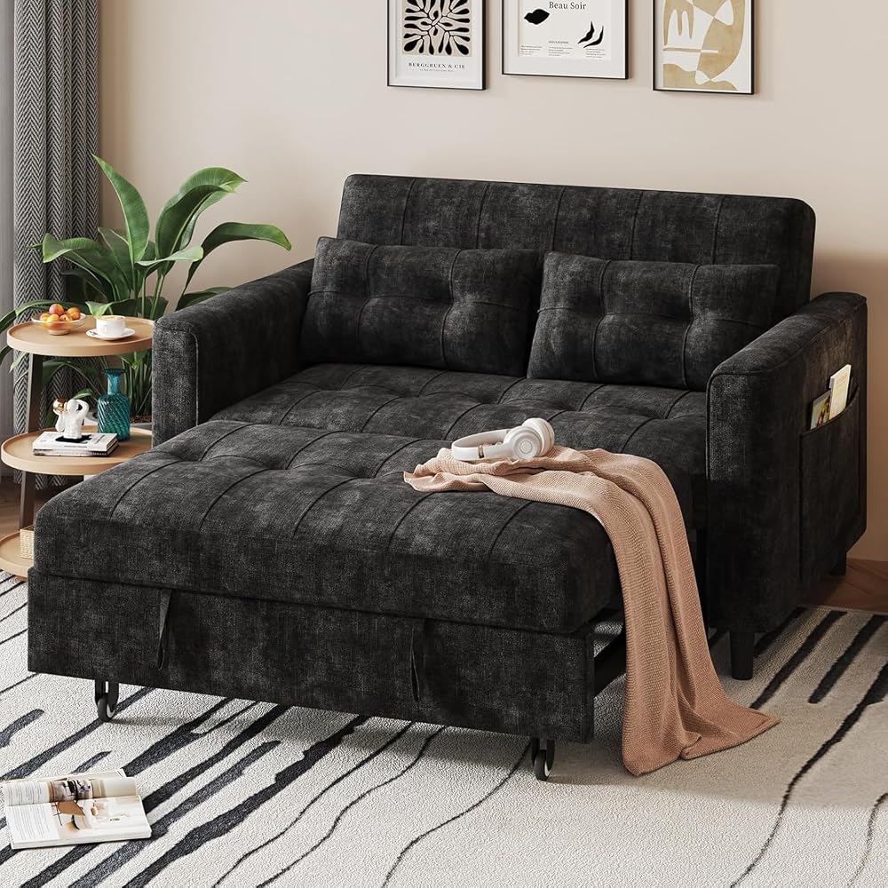 KKL 3 in 1 Convertible Sleeper Sofa Bed, Pull Out Couch Bed with Adjustable Backrest, Chenille Little Loveseat Couches with Side Pocket, Small Futon Sofa Beds Couch for Living Room, Bedroom (Black)