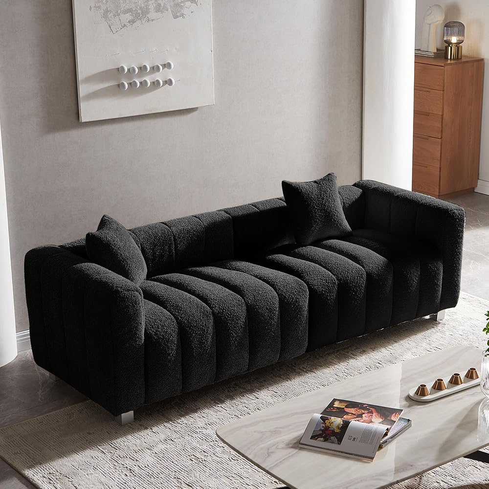 87.4" Piano Tufted Teddy Velvet 3-Seater Sofa, Black