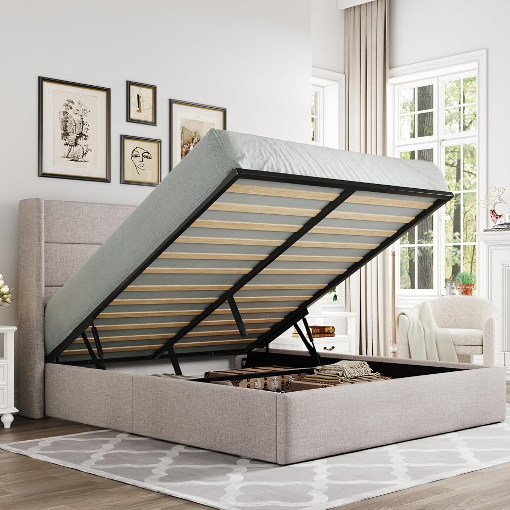 Allewie Queen Size Lift Up Hydraulic Storage Bed Frame Light Beige