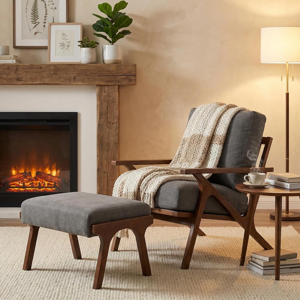 Mid Century Modern Accent Chair with ottoman, Farmhouse Linen Upholstered Living Room Armchair and Ottoman Set, 23" Seat Wide Retro Leisure Lounge Chair with Wood Frame for Home, Bedroom, Office, Grey