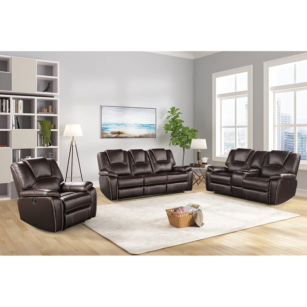 3 Pieces Living Room Furniture,Sofa+Loveseat+Chair,Reclining Couch for Home/Office,Brown