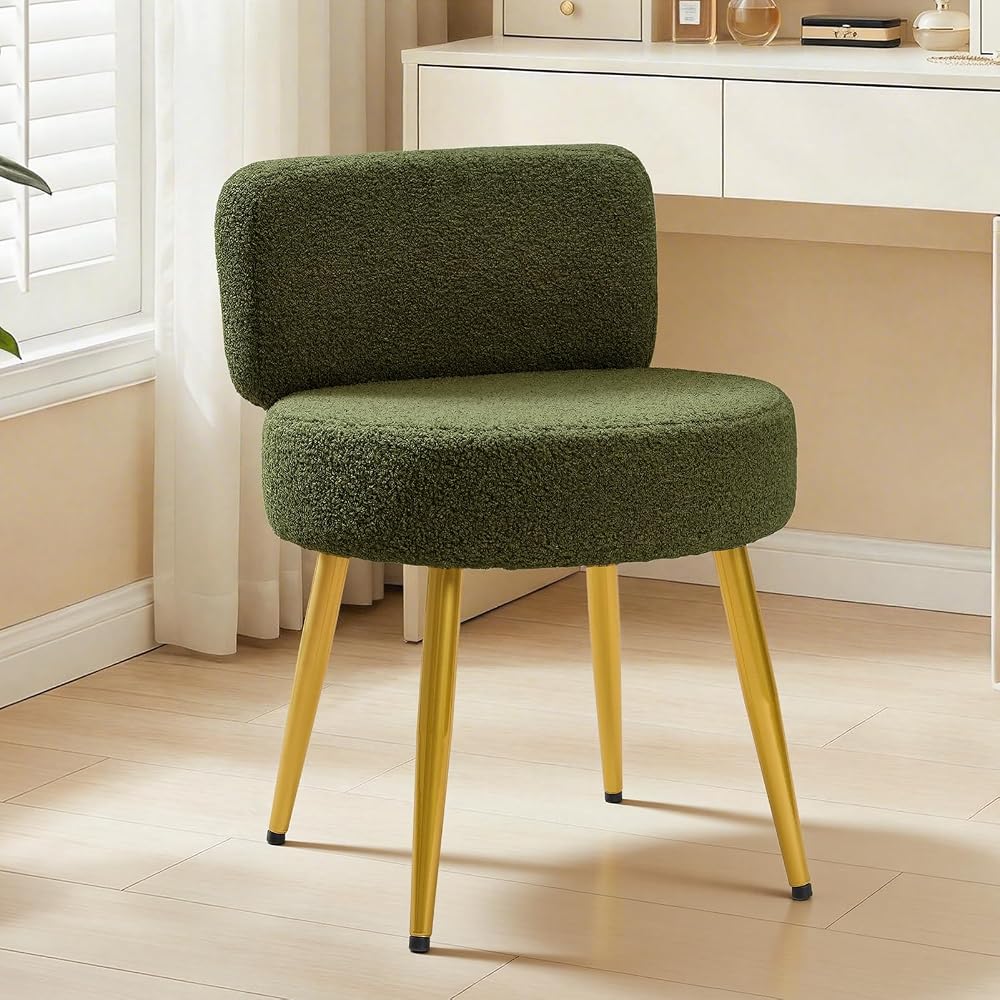 Warmiehomy Cute Vanity Chair with Back - Girls Fluffy Makeup Chair for Vanity - Small Cozy Desk Chair No Wheels for Bedroom Home Office Living Room (Green)