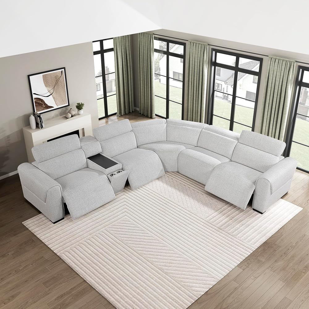 Lexicon Power Reclining Sectional Couches for Living Room-Modular Sectional Sofa, Wall Hugger,3 Recliner Seats, Console Cup Holders, Power Headrests, Charging Ports, 5 Seater Couch, Chenille Cloud