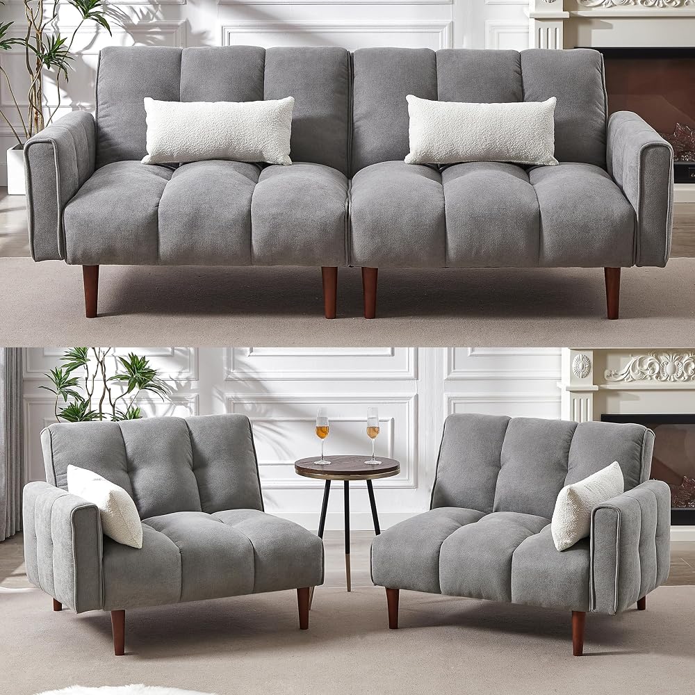 Convertible Futon Sofa Bed, Modern 81'' Adjustable Couch Sleeper, 2 Single Sofa Chairs, Upholstered Loveseat with Wooden Legs and 2 Pillows for Living Room, RV, Reclining Lounge Sofa (Gray)