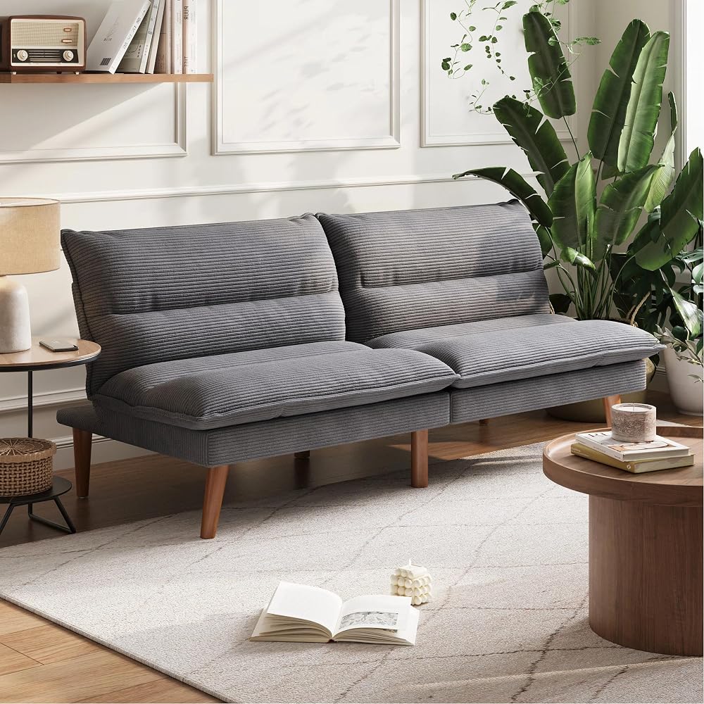 LINSY HOME 66" Futon Sofa Bed, Corduroy Futon Couch with 3-Position Adjustable Backrest, Convertible Sofa Bed Loveseat, Small Couches for Small Spaces, Living Room, Office, Guest Room (Grey)