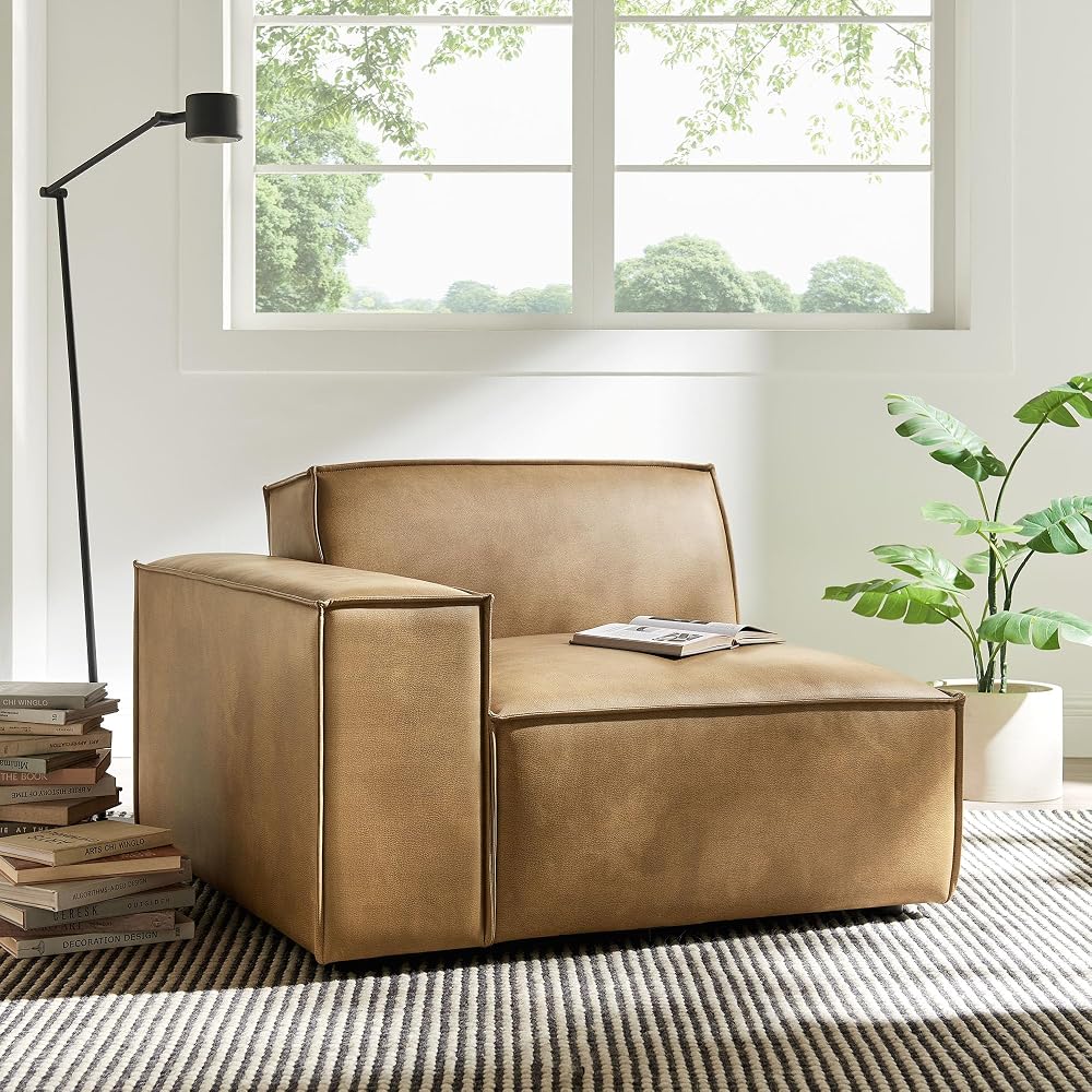 Modway Restore Left-Facing Faux Leather Modular Lounge Chair in Toast - Living Room Vegan Leather Upholstered Single-Arm Accent Armchair for Sectional Sofa