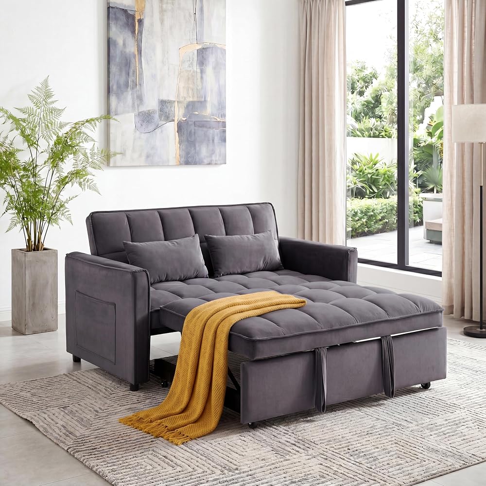Sleeper Sofa Bed, Pull Out Couch, 54" Velvet Loveseat Medium Grey