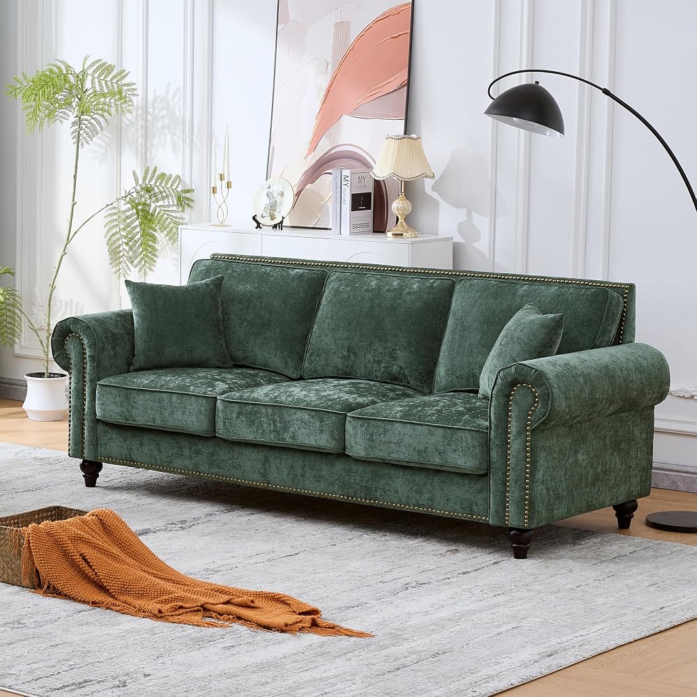 86.5" Classic Chenille Sofa Couch 3-Seater | Chesterfield Style with Traditional Rolled Arms, Nailhead Trim & Solid Wood Frame | Living Room Upholstered Couch | Green